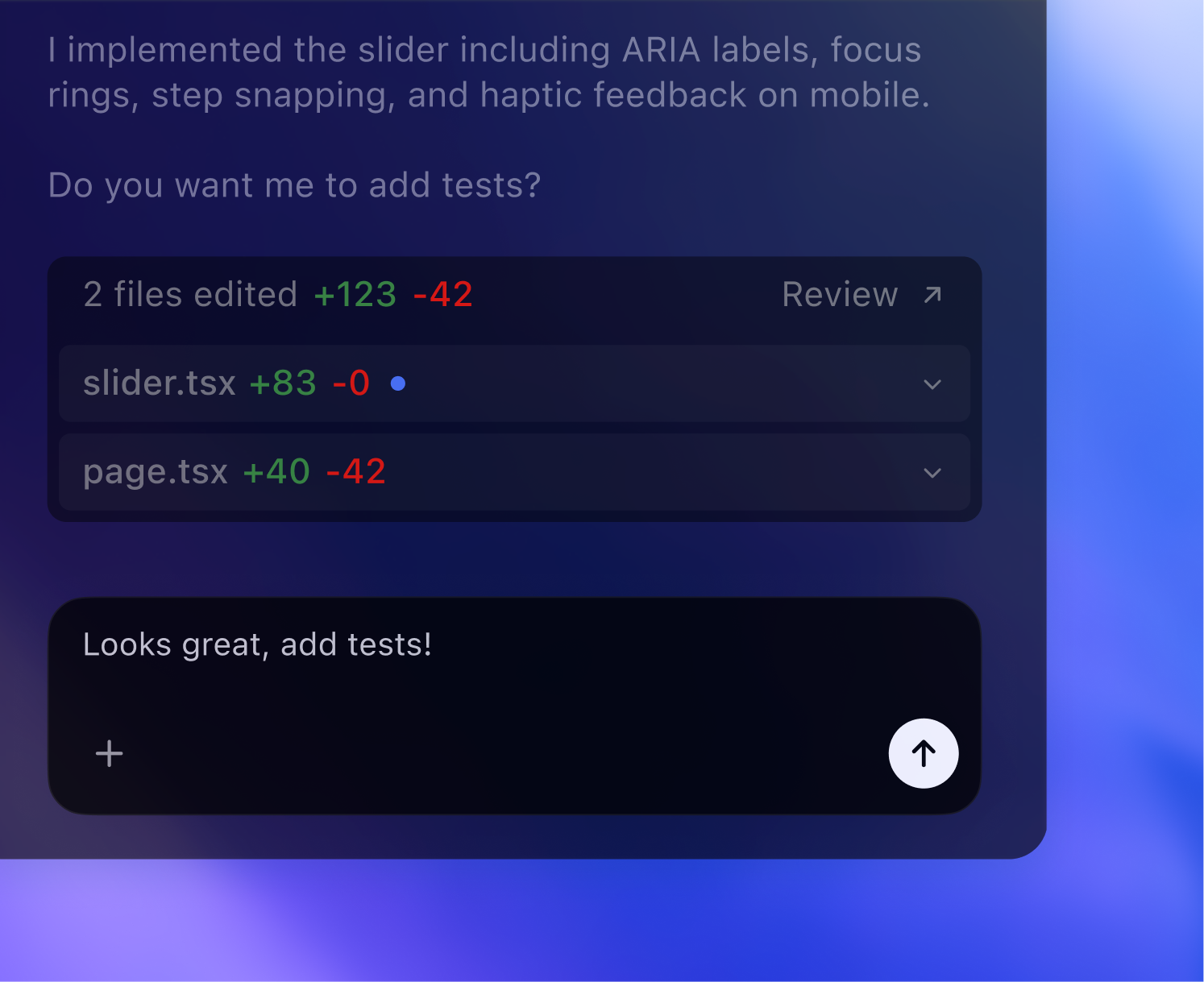 Codex editor interface showing code diff and adding tests