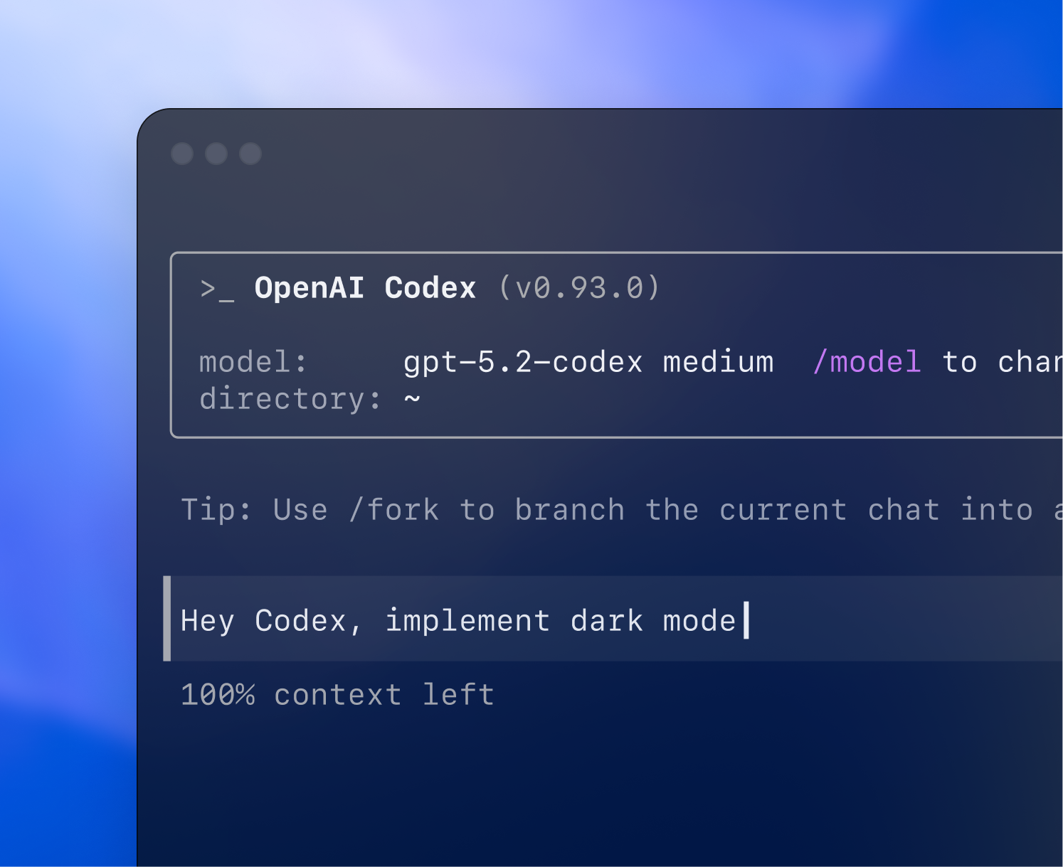 Codex terminal interface implementing dark mode